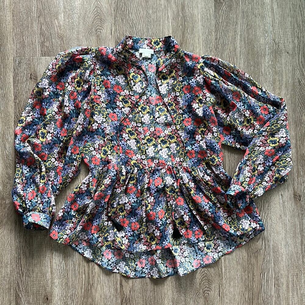Shoshanna Floral Tie‎ Neck Long Sleeve Blouse Multi Color Size XS